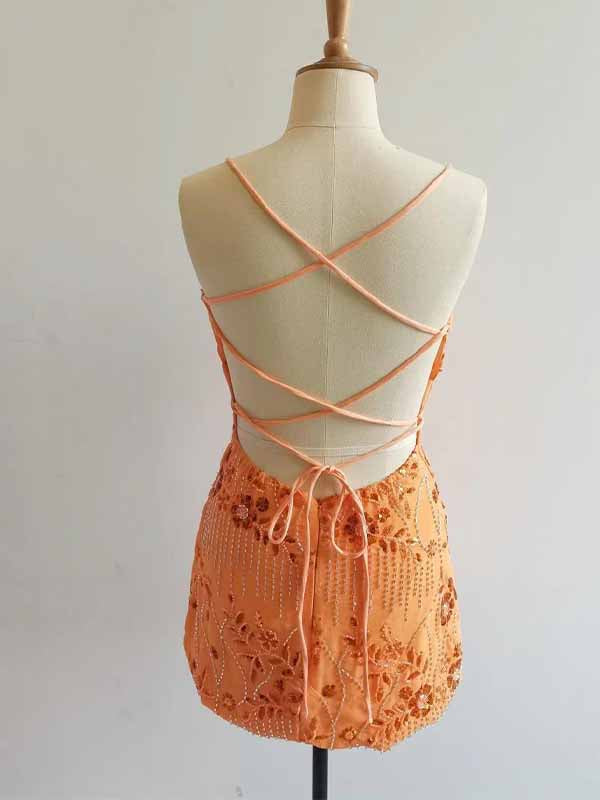 Sparkly V-neck Lace Appliques Spaghetti Strap Lace-Up Bodycon Homecoming Dress Short Mini Dress