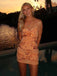 Sparkly V-neck Lace Appliques Spaghetti Strap Lace-Up Bodycon Homecoming Dress Short Mini Dress
