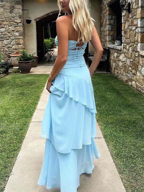 Unique Blue Chiffon Sweetheart Strapless Irregular Hem Lace Up A-line Long Prom Dress