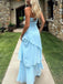 Unique Blue Chiffon Sweetheart Strapless Irregular Hem Lace Up A-line Long Prom Dress
