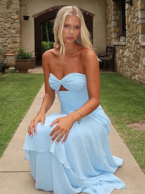 Unique Blue Chiffon Sweetheart Strapless Irregular Hem Lace Up A-line Long Prom Dress