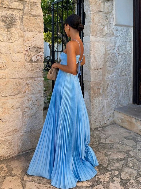 Unique Blue Spaghetti Strap Halter Pleats A-line Long Prom Dress