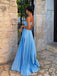 Unique Blue Spaghetti Strap Halter Pleats A-line Long Prom Dress