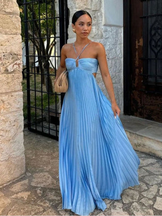 Unique Blue Spaghetti Strap Halter Pleats A-line Long Prom Dress