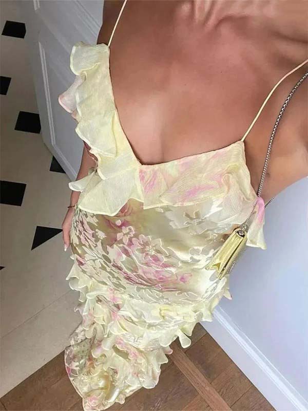 Floral Ruffle Maxi Dress with Spaghetti Straps – Summer Long Slip Prom Dress