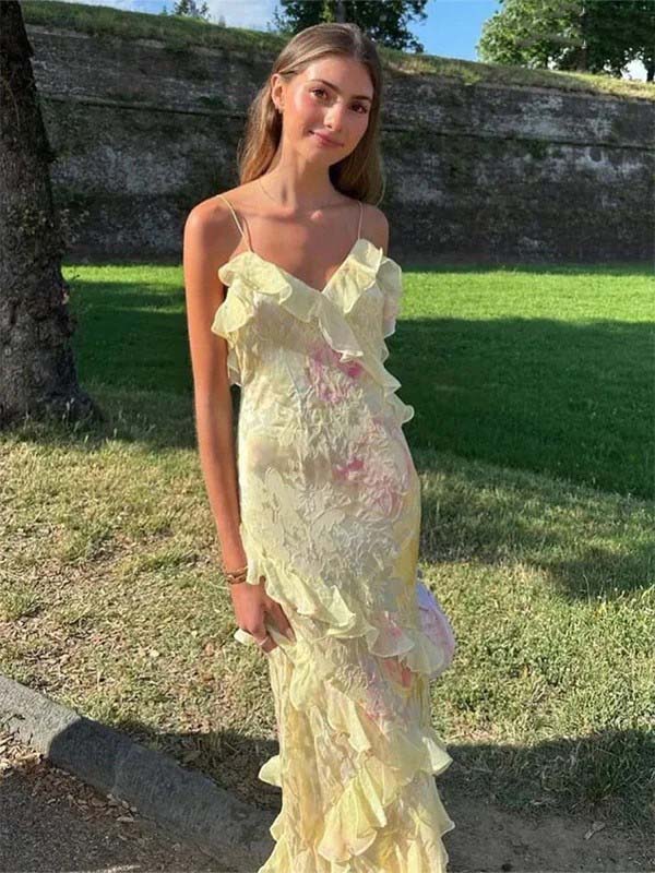 Floral Ruffle Maxi Dress with Spaghetti Straps – Summer Long Slip Prom Dress