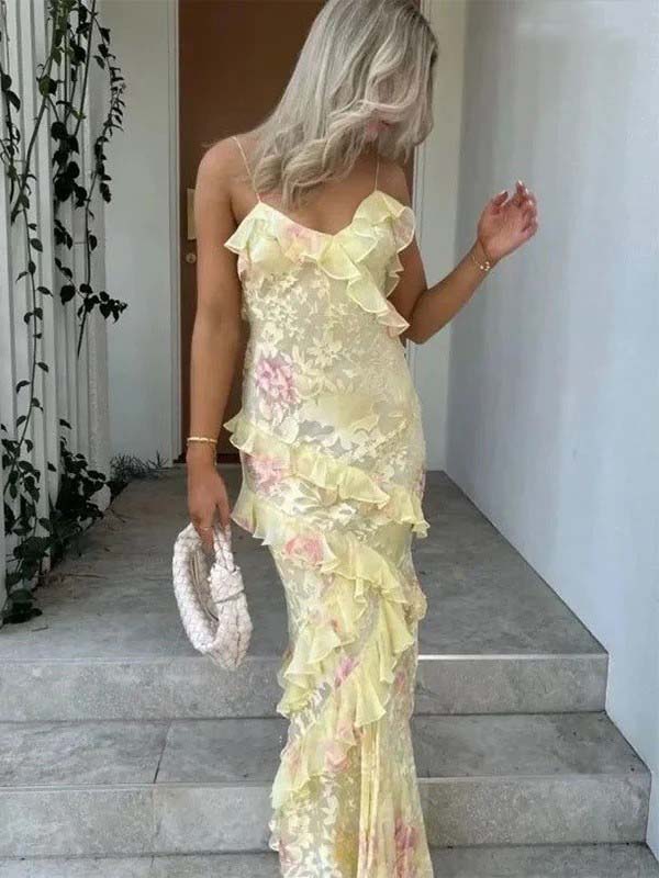 Floral Ruffle Maxi Dress with Spaghetti Straps – Summer Long Slip Prom Dress