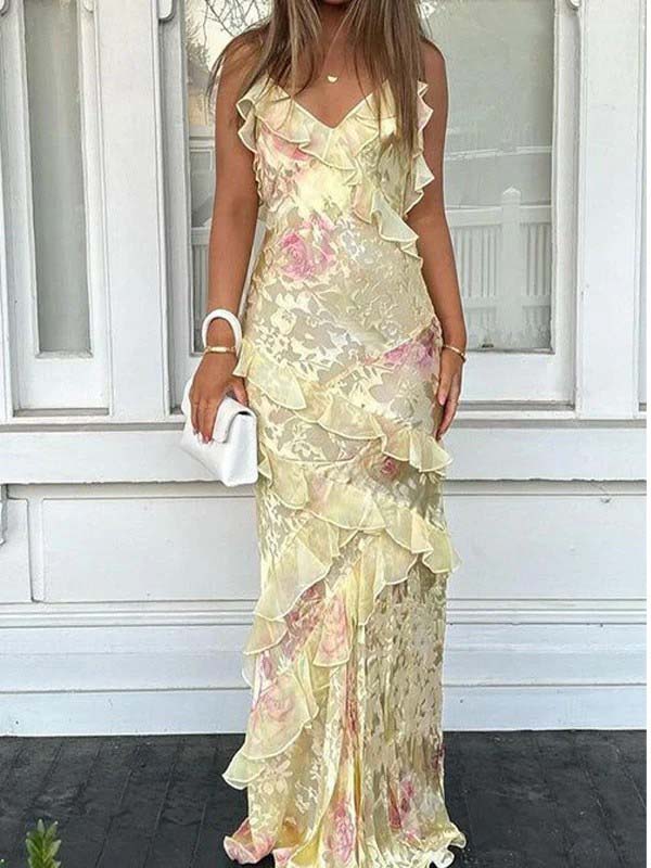 Floral Ruffle Maxi Dress with Spaghetti Straps – Summer Long Slip Prom Dress