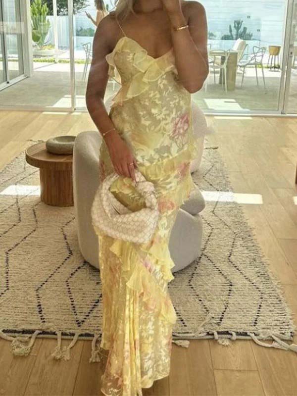 Floral Ruffle Maxi Dress with Spaghetti Straps – Summer Long Slip Prom Dress