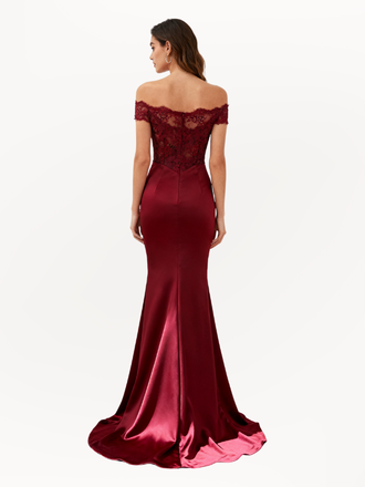 Vintage Burgundy Off the Should Strapless Lace Appliques Mermaid Long Prom Dress