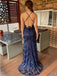 Vintage Navy V-neck Spaghetti Strap Lace Appliques Backless Mermaid Long Prom Dress