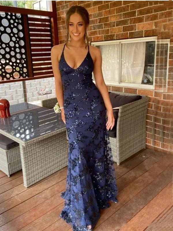 Vintage Navy V-neck Spaghetti Strap Lace Appliques Backless Mermaid Long Prom Dress
