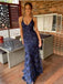 Vintage Navy V-neck Spaghetti Strap Lace Appliques Backless Mermaid Long Prom Dress