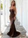 Vintage Satin Brown V-neck Spaghetti Strap Lace Appliques Mermaid Long Prom Dress