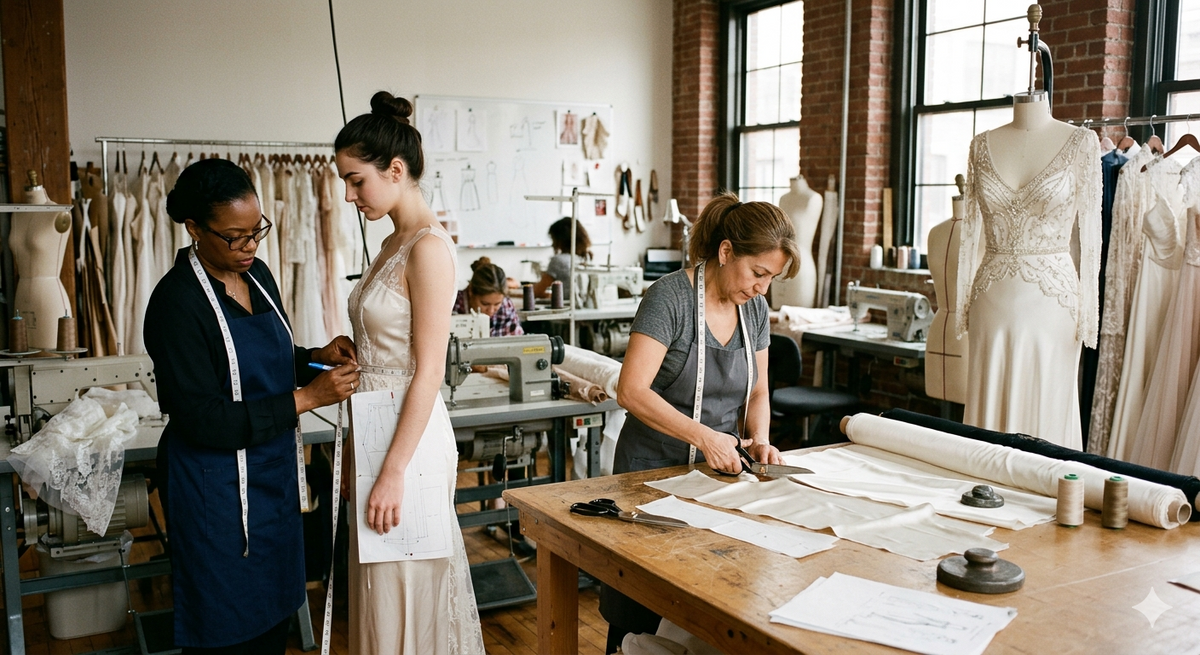 Three women working in a fashion design studio with mannequins and fabric.